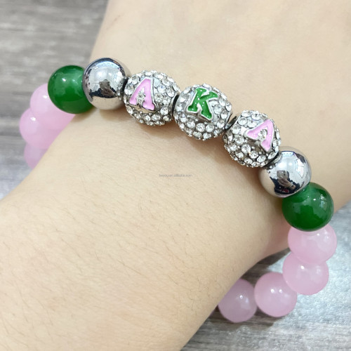 Charming pink and green beaded bracelet, Greek letter Alpha, elastic bracelet with rhinestone gaskets, women's jewelry gift