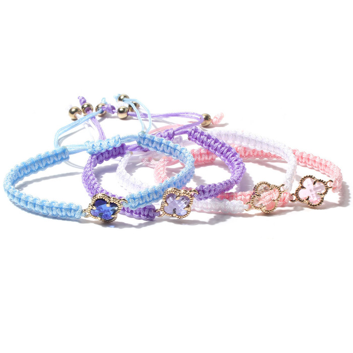 Handcrafted fashionable woven macaron rope bracelet, crystal glass rope, lucky four-leaf clover flower bracelet