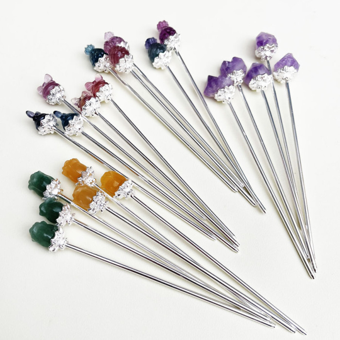 New semi-precious stone craft crystal hair rod, natural raw amethyst hair clip gift