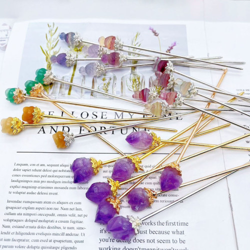 New semi-precious stone craft crystal hair rod, natural raw amethyst hair clip gift