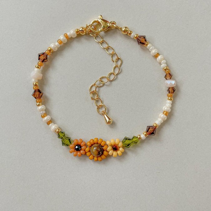 Whimsical girlish jewelry, adjustable gemstones, seed beads, multi-colored gold flower leaf pearls, healing crystal bracelet