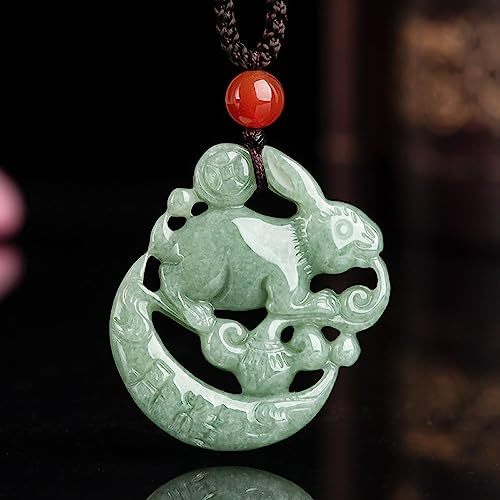 Gixaxak Natural Jade Rabbit Jade Pendant Necklace for Adults, Unisex, Green Jade, Cotton Rope Chain, Polished Finish