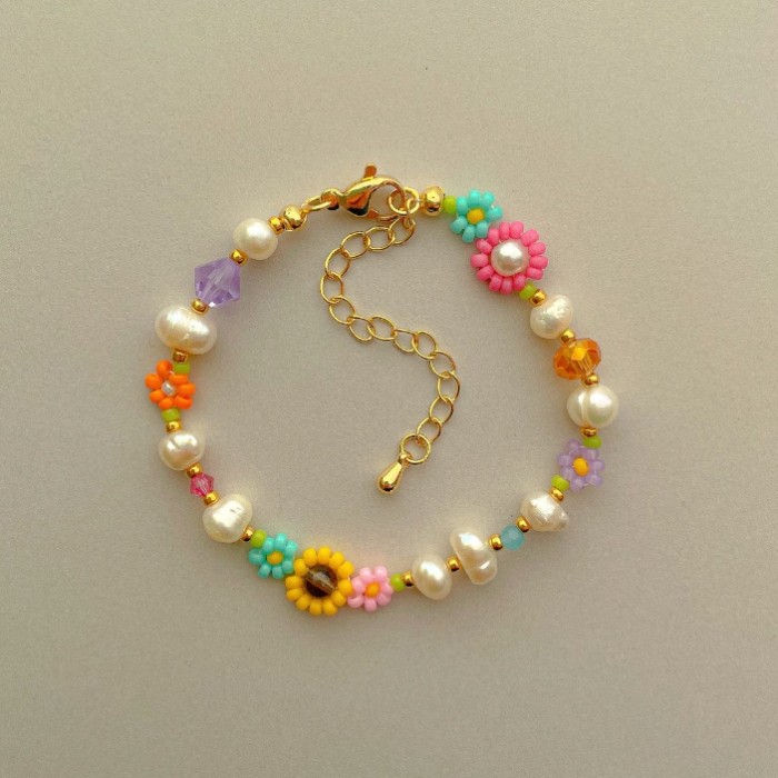 Whimsical girlish jewelry, adjustable gemstones, seed beads, multi-colored gold flower leaf pearls, healing crystal bracelet