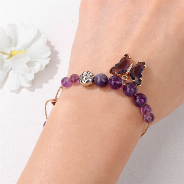 Besitong Healing Crystal 8mm Pearl Agate Amethyst Bracelet, hand-woven butterfly charm woven bracelet