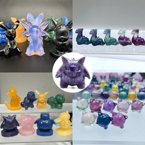 Crystal Pokemon series creative carved Mew handicrafts: Crystal Pikachu carved cartoon fluorite Pokemon