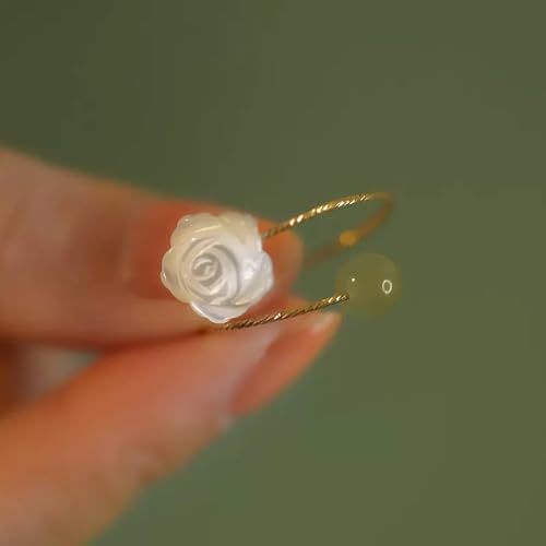 Gold Camelia Flower Jade Rings for Women,Floral Open Jade Ring Adjustable Hetian Green Jade Beaded Gold Ring,Natural Jade Stone Stackable Ring