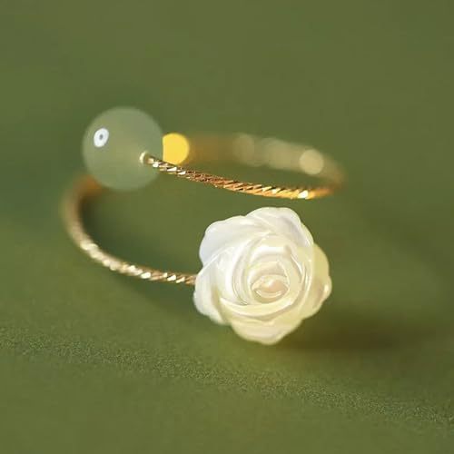 Gold Camelia Flower Jade Rings for Women,Floral Open Jade Ring Adjustable Hetian Green Jade Beaded Gold Ring,Natural Jade Stone Stackable Ring