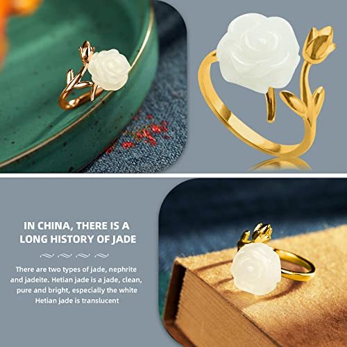 Gold Plated Rose Flower Jade Ring For Women, 925 Sterling Silver Adjustable Ring Open Wrap Rose Ring, Vintage Handmade Gemstone Ring, Jewelry Gift for Mom