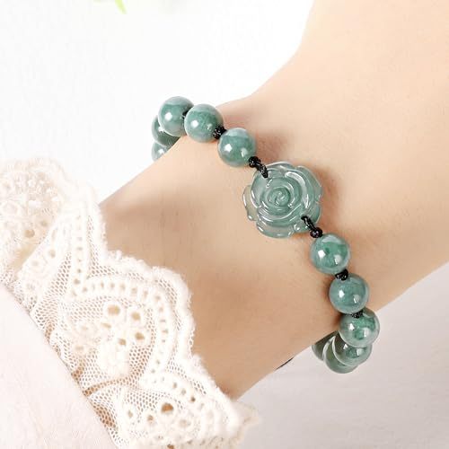 Real Jade bracelet for Women, Natural Jadeite Handmade Carved Peach Blossom Stretch Beaded Beads Jade Bangle Jewelry, Stress Relief Feng Shui Prosperity Blue-Green Jades bracelets,for Valentine's,Mother,Christmas