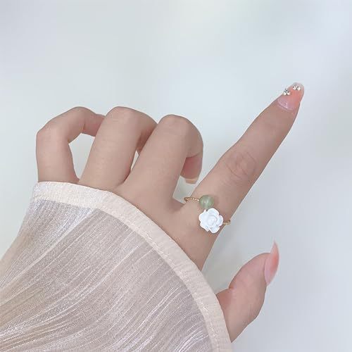 Gold Camelia Flower Jade Rings for Women,Floral Open Jade Ring Adjustable Hetian Green Jade Beaded Gold Ring,Natural Jade Stone Stackable Ring