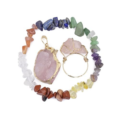 Natural Crystal Stone Bracelet with Healing Pendant Necklace Set Raw Stone Gemstone Gold Plated Open Adjustable Ring for Women's Jewelry Gift