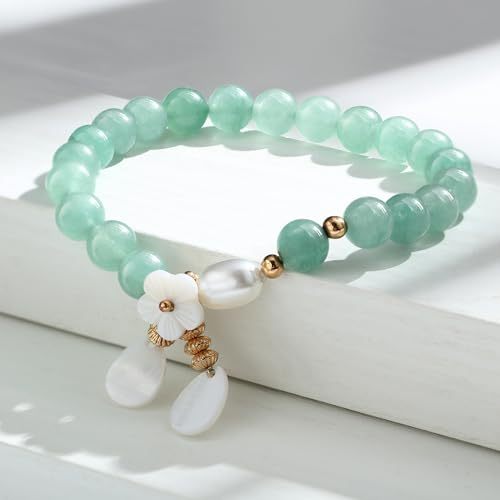 Jade Bracelet for Women Good Luck Floral Jade Beaded Stretch Bracelet Jewelry Gifts for wedding Valentine‘s Day gifts with Jewelry Box
