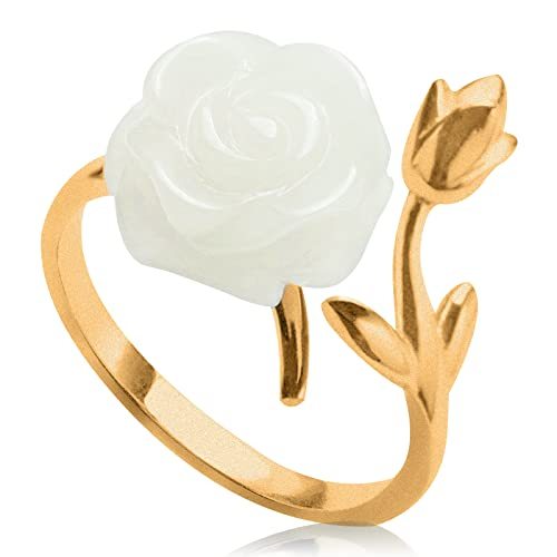 Gold Plated Rose Flower Jade Ring For Women, 925 Sterling Silver Adjustable Ring Open Wrap Rose Ring, Vintage Handmade Gemstone Ring, Jewelry Gift for Mom