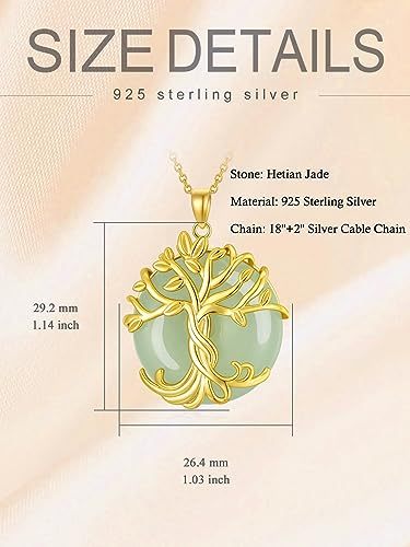 Mother's Day Gifts for Women Tree of Life Necklace 14k Gold Plated Sterling Silver Round Jade Jewelry for Women Mom Mother Sister Birthday Christmas Gifts