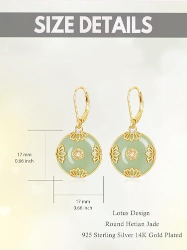Natural Jade Earrings for Women 14k Gold Plated Sterling Silver Round Jade Jewelry Birthday Mothers Day Gifts for Women Mom Grandma