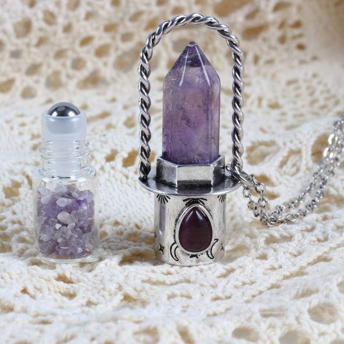 Genuine gemstone, natural stone, amethyst glass perfume bottle necklace, crystal craftsmanship