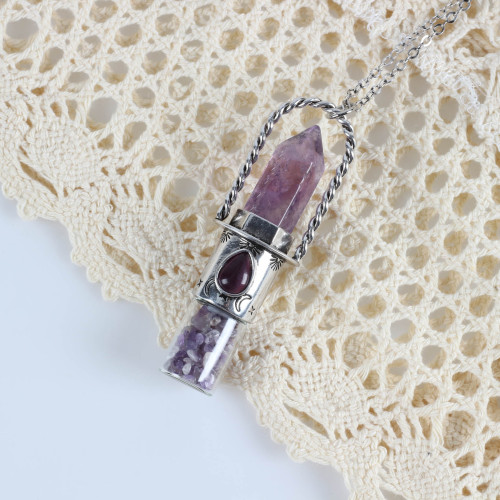 Genuine gemstone, natural stone, amethyst glass perfume bottle necklace, crystal craftsmanship