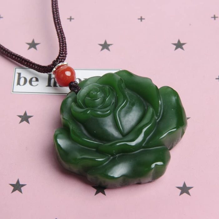 Wixine 1Pcs White Jade Rose Pendant Jadeite Flower Necklace Charm Fashion Accessories Hand-Carved Man Luck Amulet Gifts