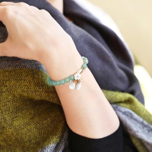 Jade Bracelet for Women Good Luck Floral Jade Beaded Stretch Bracelet Jewelry Gifts for wedding Valentine‘s Day gifts with Jewelry Box