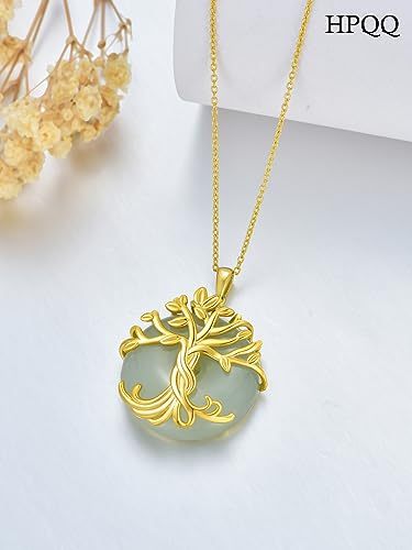 Mother's Day Gifts for Women Tree of Life Necklace 14k Gold Plated Sterling Silver Round Jade Jewelry for Women Mom Mother Sister Birthday Christmas Gifts