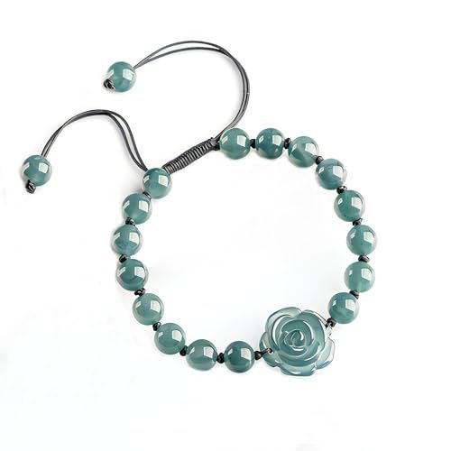 Real Jade bracelet for Women, Natural Jadeite Handmade Carved Peach Blossom Stretch Beaded Beads Jade Bangle Jewelry, Stress Relief Feng Shui Prosperity Blue-Green Jades bracelets,for Valentine's,Mother,Christmas