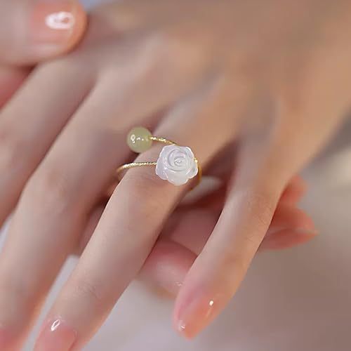 Gold Camelia Flower Jade Rings for Women,Floral Open Jade Ring Adjustable Hetian Green Jade Beaded Gold Ring,Natural Jade Stone Stackable Ring