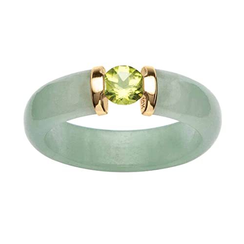 10K Yellow Gold Round Genuine Jade and Round Green Genuine Peridot Ring