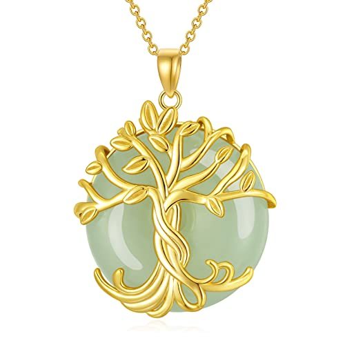 Mother's Day Gifts for Women Tree of Life Necklace 14k Gold Plated Sterling Silver Round Jade Jewelry for Women Mom Mother Sister Birthday Christmas Gifts