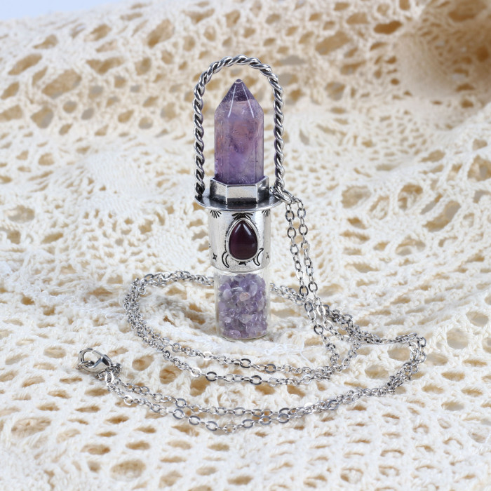 Genuine gemstone, natural stone, amethyst glass perfume bottle necklace, crystal craftsmanship