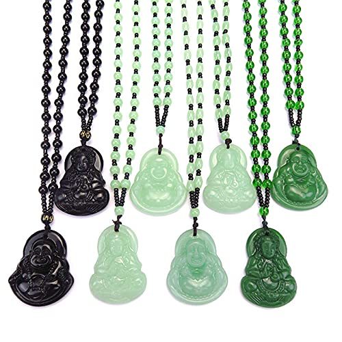 Laughing Buddha Pendant Necklace Green Black Imitation Jade Buddha Guanyin Crystal Beaded Rope Chain Gemstone Lucky Amulet Jewelry for Women Men-2pcs