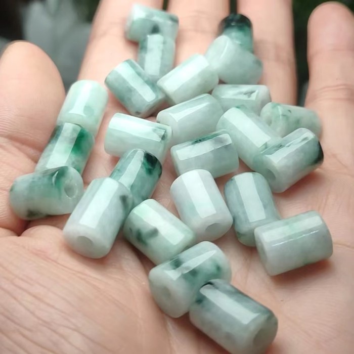 9*11mm Natural Moss in Snow Burmese Jadeite Barrel Beads Cylinder Jade Charms Icy Waxy Jadeite Jade Loose Beads for DIYJewelry