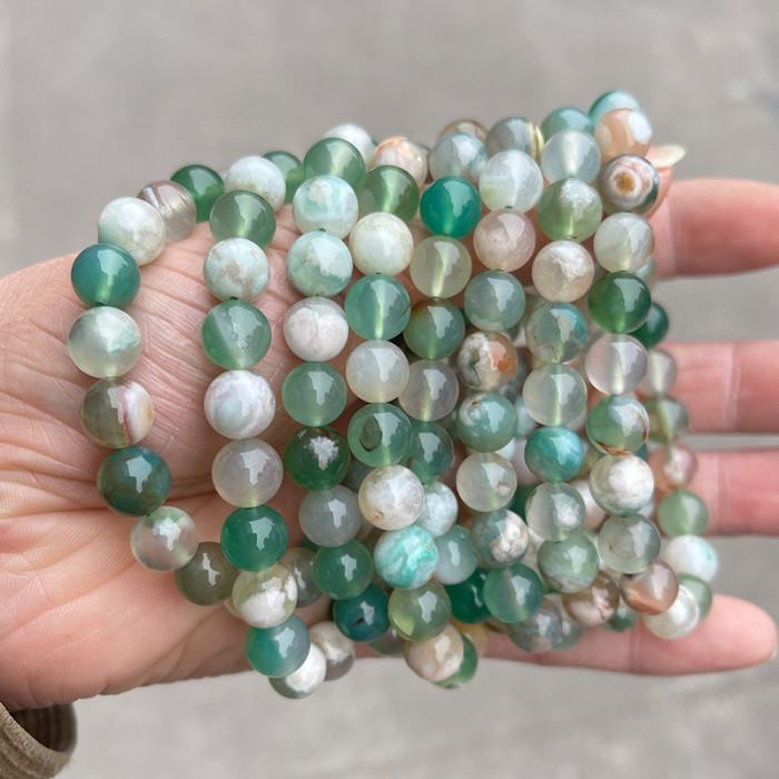 Natural jade, agate, green round bead bracelet, green cherry jade bracelet, men's and women's jewelry gifts
