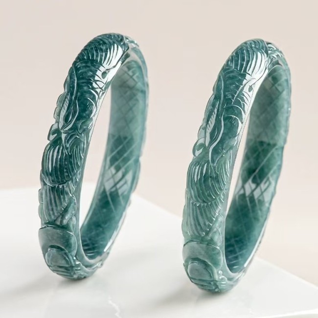 A-grade jadeite jewelry, natural stone, green jadeite, three-dimensional carving, phoenix divine beast pattern bracelet, bracelet, women's jade bracelet
