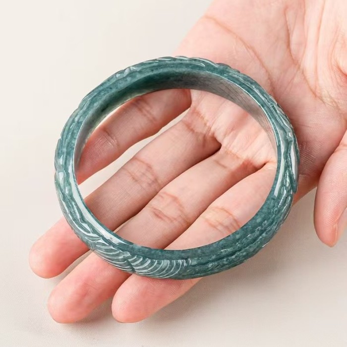 A-grade jadeite jewelry, natural stone, green jadeite, three-dimensional carving, phoenix divine beast pattern bracelet, bracelet, women's jade bracelet
