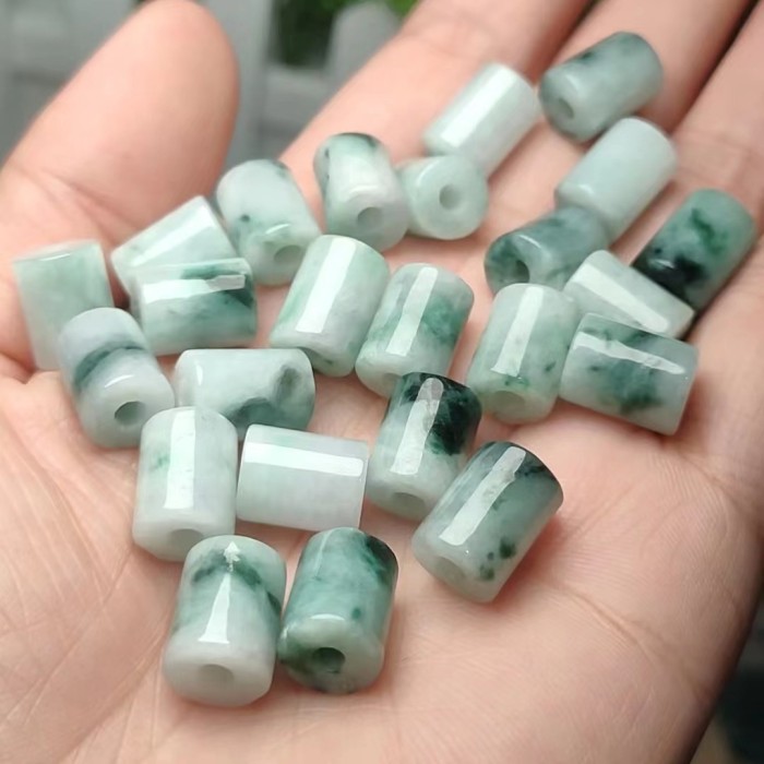 9*11mm Natural Moss in Snow Burmese Jadeite Barrel Beads Cylinder Jade Charms Icy Waxy Jadeite Jade Loose Beads for DIYJewelry