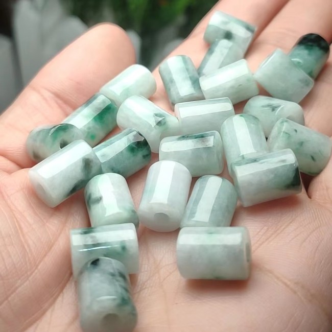 9*11mm Natural Moss in Snow Burmese Jadeite Barrel Beads Cylinder Jade Charms Icy Waxy Jadeite Jade Loose Beads for DIYJewelry