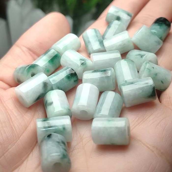 9*11mm Natural Moss in Snow Burmese Jadeite Barrel Beads Cylinder Jade Charms Icy Waxy Jadeite Jade Loose Beads for DIYJewelry