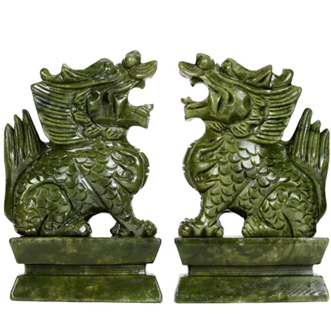 Chinese gift, natural jade, Qilin pattern carved statue, Asian spiritual beast jadeite