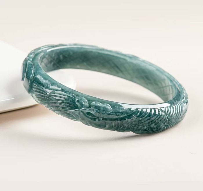 A-grade jadeite jewelry, natural stone, green jadeite, three-dimensional carving, phoenix divine beast pattern bracelet, bracelet, women's jade bracelet