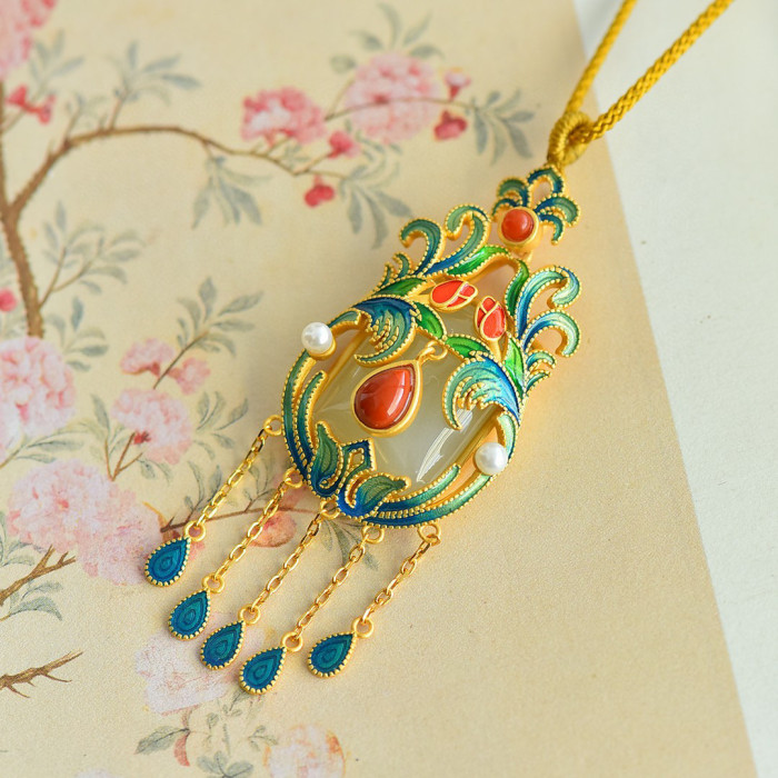 Natural Hetian jade enamel necklace pendant with a touch of retro silver jewelry and Chinese inlaid jade