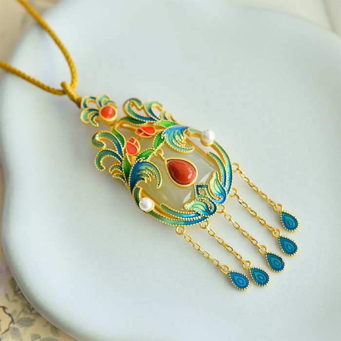 Natural Hetian jade enamel necklace pendant with a touch of retro silver jewelry and Chinese inlaid jade