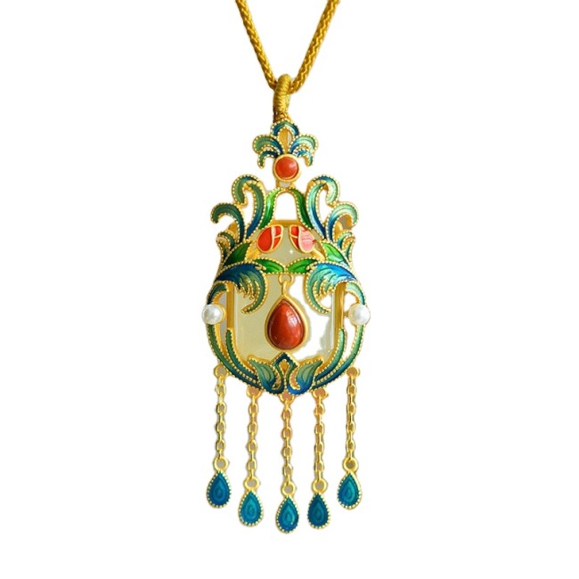Natural Hetian jade enamel necklace pendant with a touch of retro silver jewelry and Chinese inlaid jade
