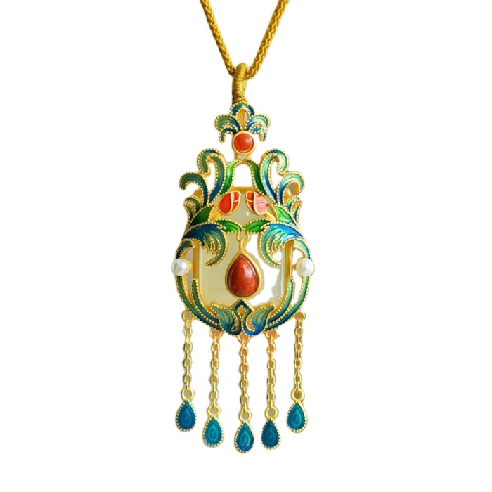 Natural Hetian jade enamel necklace pendant with a touch of retro silver jewelry and Chinese inlaid jade