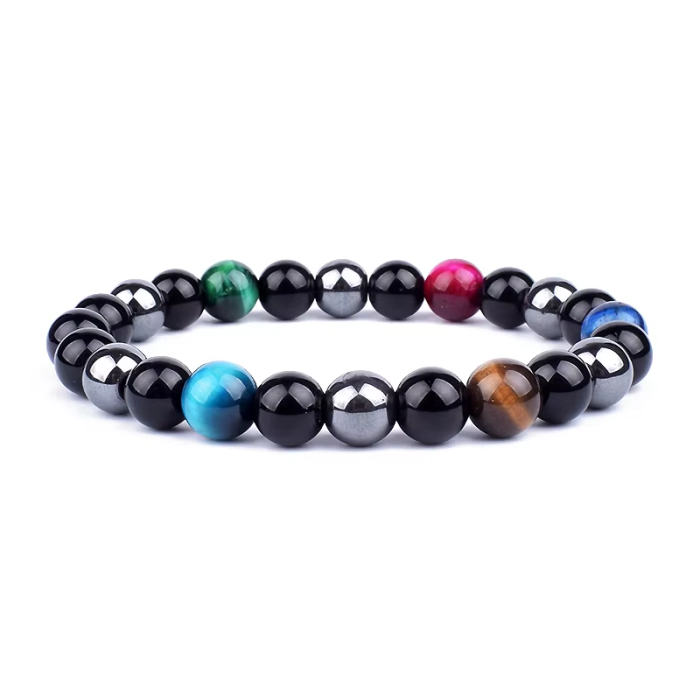 Triple protection jade bead bracelet, lucky natural tiger eye Obsidian hematite ball & Men's and women's gift aonaya key pattern