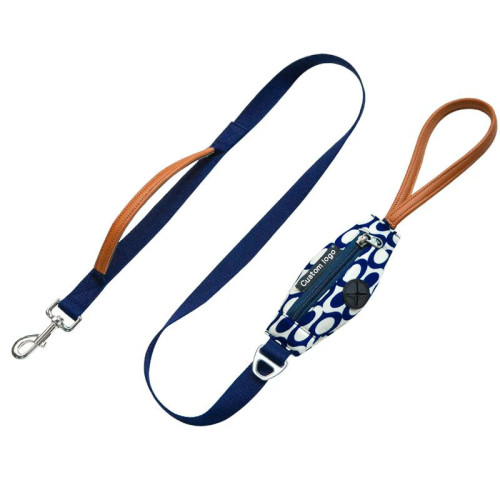 Newly designed double-handle pet leash, personalized custom pet supplies, genuine leather handle dog skin leash, with a poop bag dispenser.