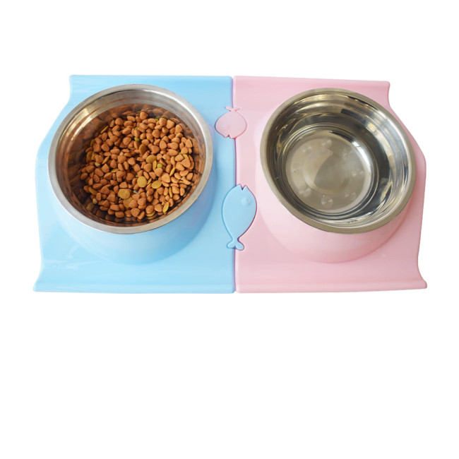 Customizable double drink bowls for cats and dogs, pink and blue cat and dog food cans, and pet supplies