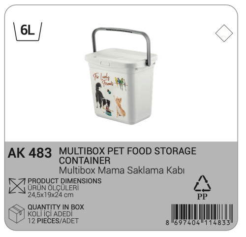 Pet food storage container with a capacity of 6L, sealed storage box for dog and cat food, equipped with an easily flip-out lid and dry food handle for pet supply