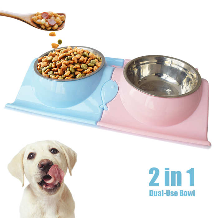 Customizable double drink bowls for cats and dogs, pink and blue cat and dog food cans, and pet supplies