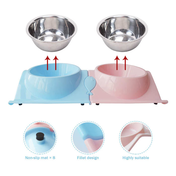 Customizable double drink bowls for cats and dogs, pink and blue cat and dog food cans, and pet supplies
