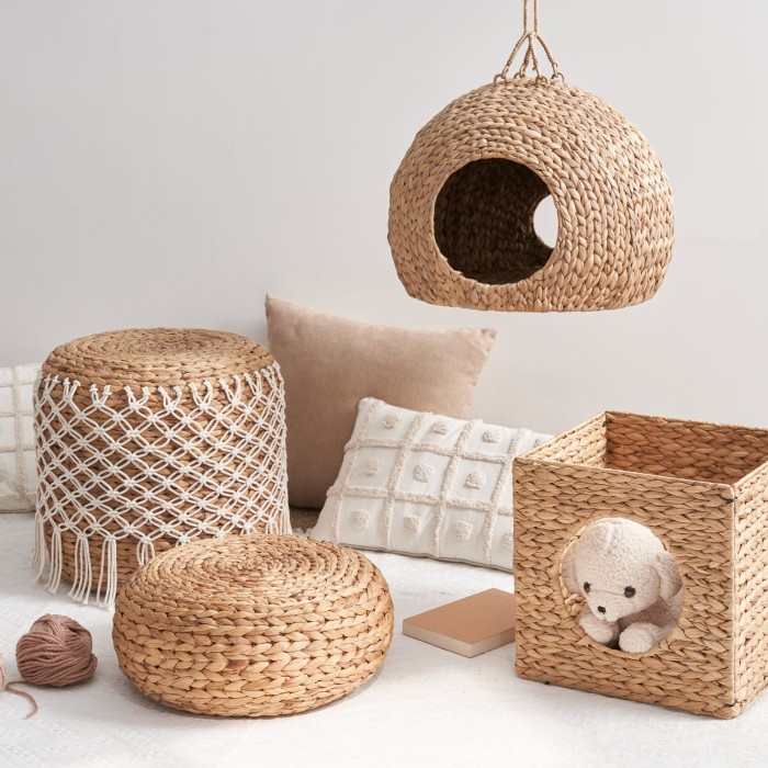 Water hyacinth shaped foldable small pet house, customizable natural straw cat bed, popular pet products